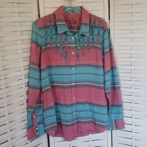 Serry Cervi by Resiltol turquoise and pink snap button down western woman shirt